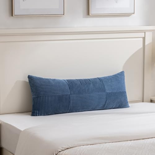 Image of Fancy Homi Set of 2 Dusty Blue Boho Long Lumbar Body Decorative Throw Pillow Cover 14x36 Inch for Bed Couch Bedroom Bench, Soft Patchwork Corduroy Textured Pillow Case, Rustic Farmhouse Room Decor
