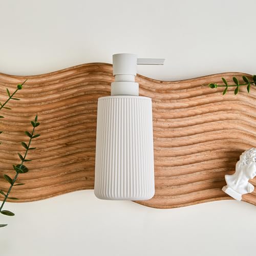 Image of Small Soap Dispenser for Bathroom and Kitchen, Modern Farmhouse Striped Style Plastic Hand Soap Dish Soap Dispenser with Pump Matte Beige