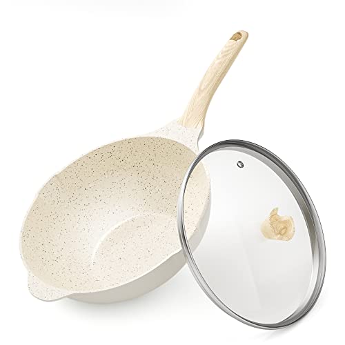 Nonstick Wok Pan With Lid, 12 Inch Non Stick Wok Stir Fry Pan With Ergonomic Handle And Unique Cover Beads, 100% Apeo And Pfoa Free Suit For Gas, Electric, Induction & Ceramic Stoves- Beige #TOP6