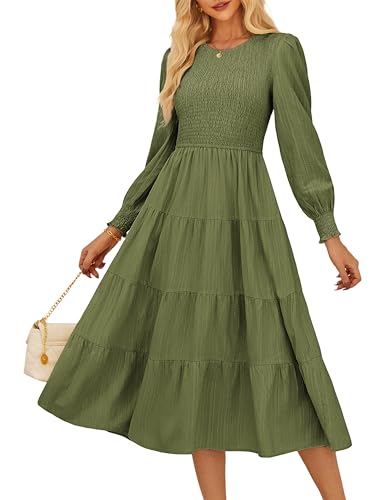 GRACE KARIN Women's Long Sleeve Casual Dress 2025, Fall A Line Flowy Dress, Maxi Smocked Tiered Dresses with Pockets