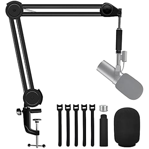 Boseen Microphone Boom Arm Stand, Upgraded Adjustable Suspension Scissor Mic Stand with Extension Tube and Foam Windscreen Compatible with Shure SM7B Cover