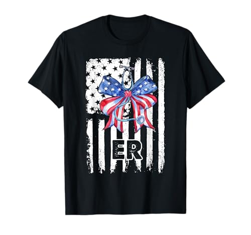 Emergency Department 4th of July Bow Stethoscope USA Flag T-Shirt