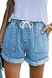 GOLDPKF Ladies Shorts Denim Shorts for Women Linen Cotton High Waist Jeans Shorts Women Summer Drawstring Cargo Hot Pants Sky Blue UK Medium