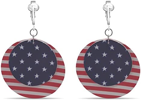 Aloha Earrings American Flag Clip Earrings-USA Flag Clip Earrings-Star Clip Earrings-Fourth 4th of July Clip Earrings (Stars & Stripes Round)
