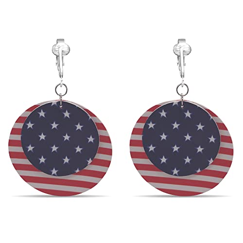 Aloha Earrings American Flag Clip Earrings-Usa Flag Clip Earrings-Star Clip Earrings-Fourth 4Th Of July Clip Earrings (Stars & Stripes Round) #TOP21