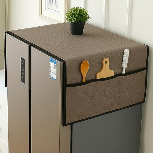 Image of Refrigerator Cover Double Door Waterproof, Dustproof, Refrigerator Top Cover, Protective Covers for Fridges with Extra Storage Space Nylon Top Fridge cover with 6 Storage Pockets (Golden, 170 x 65 cm)