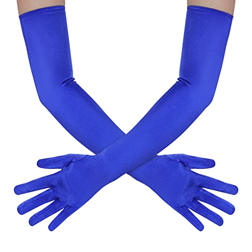 Wobe Long Opera Party 20s Satin Gloves Stretchy Adult Size Elbow Length Wedding (Blue)