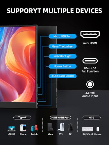 Image of Portable Monitor, 15.6 inch 1080p IPS Touchscreen Portable Monitor, Mini HDMI /USB C, Dual Speakers with Cover for Switch PS4 /5 Laptop Phone