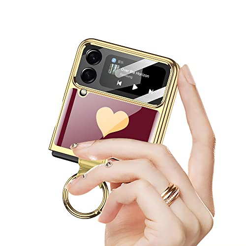 Dootoo For Samsung Galaxy Z Flip 4 Case With Ring, Z Flip 4 5G 2022 Case Luxury 9H Plating Glass Hybrid Pc Crystal All-Inclusive Camera Lens Protector Case (Wine Red With Ring) #TOP3