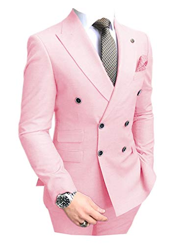 Double Breasted Peak Lapel Blazer Mens Prom Wedding Suit with Pants 2 Pieces Premium Tuxedos ?40,Pink