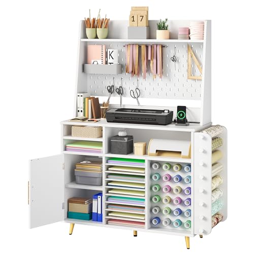 DWVO Craft Table with Storage Cabinet, USB Ports and AC Outlets, Movable Shelves, Vinyl Roll Holders, Pegboard & Hooks, Crafting Organizer for Craft Room Home Office
