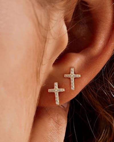 Gold Earrings for Women 14K Gold Plated Cross Stud Earring Dainty Minimalist Simple Small Earrings Jewelry Gift for Her2