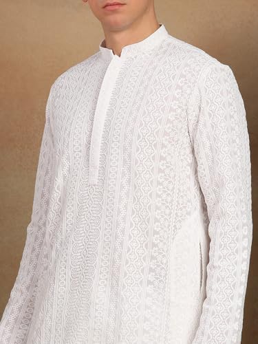 Image of See Designs Men's Full Sleeve Mandarin Collar Chikankari Embroidered Straight Kurta with Salwar