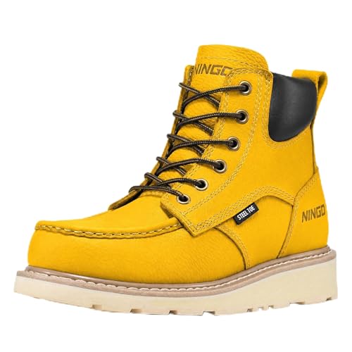 Image of NINGO Steel Toe Boots Work for Men, Non Slip Safety Moc Toe Boot with Water Resistant Full Grain Leather, EH Rated, Oil Resistant, Comfortable Work Shoes for Construction, Industrial, Yellow 15.5