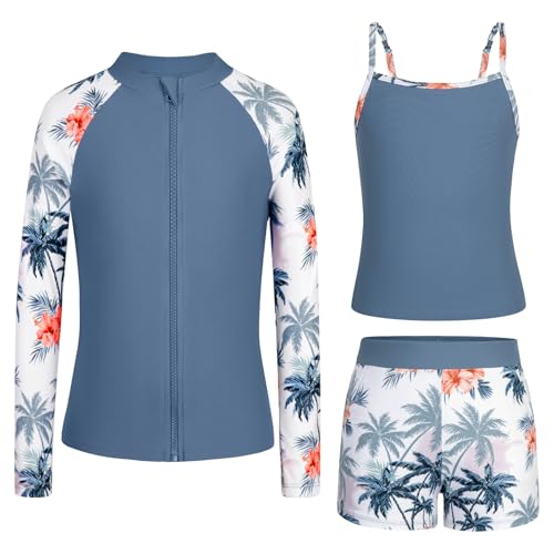 Rash Guard for Girls Long Sleeve 3 Piece Teens Swimsuits Zip Up Bathing Suit with Pockets Boyshorts (6-16Y)