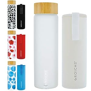 GROSCHE Venice Glass Water Bottle 670 ml, 22.6 fl. oz with White frosted finish, bamboo lid, Borosilicate Glass and neoprene sleeve. Heatproof reusable borosilicate glass water bottle.