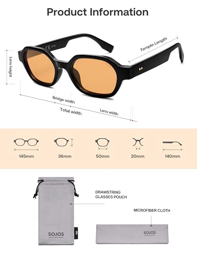 SOJOS Retro Polarized Hexagon Sunglasses for Women Men, UV400 Trendy Rectangle 70s 80s 90s Shades SJ2389,Black/Orange - Thumbnail 5