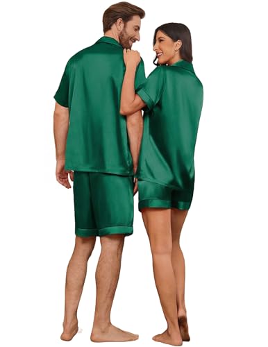 Image of Ekouaer Couple Matching Pajamas Sets Silk Short Sleeve Button Down Sleepwear Satin Pjs Shorts Set Soft Loungewear S-XXL