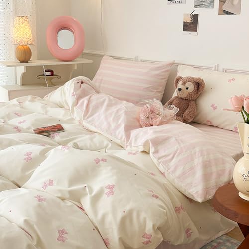 Image of Nayoroom Pink Bow Polka Dot Duvet Cover Queen Reversible Striped Bedding