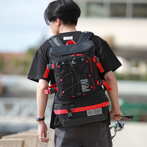 [ドレス] フィッシングリュック レッド 大きいサイズ 防災 災害 拡張性 防水 釣り リュック タックルバッグ ロッドホルダー バッグパック メンズ 大容量 ブラック 釣りバッグ レッド 10枚目
