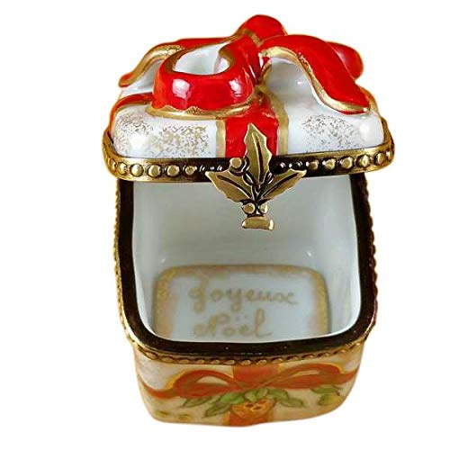 Red Ribbon Christmas Box W/Plaque - Limoges Box Authentic Porcelain Figurine From France #TOP2
