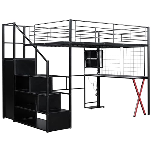 Image of Bellemave Full loft Bed with Storage Stairs, Wardrobe Shelves, Metal Full Loft Beds with LED Lights, Multifunctional Iron Nets for Adults, Kids, Teens, Black
