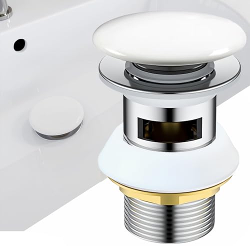Chrom Ceramic Universal Ablaufgarnitur für Waschbecken & Waschtisch Modernes Pop-Up Click Clack Ventil - Ablaufventil mit Überlauf, G 1¼ für Waschbecken Waschtisch,Edelstahl (Silbrig Überlauf)
