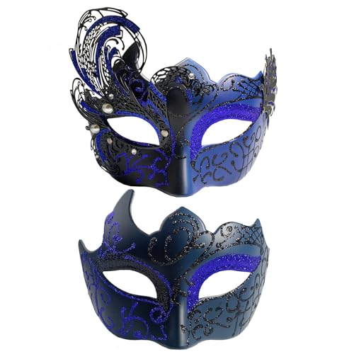 Yimianshou Masque de bal masqué pour couple - Masque de Mardi gras pour femme et homme - Masque vénitien pour couple - Ensemble perle - Bleu