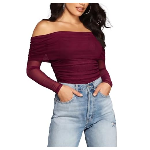 SAUNGKUAI Women's Off The Shoulder Long Sleeve Bodysuit Sexy Slimming Body Suit Tops Sheer Mesh Ruched Fall Outfits 2025 Plum S