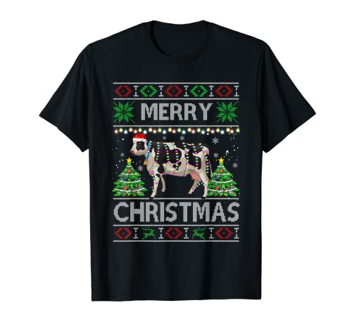 Navidad Tres Vacas Feo Suéter Granjero Navidad Santa Sombrero Camiseta