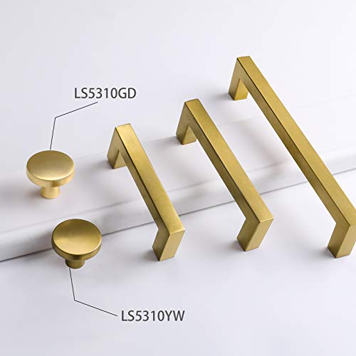 Goldenwarm Brushed Brass Cabinet Knobs Solid Gold Dresser Knobs - Ls5310Yw Modern Drawer Knobs Kitchen Cupboard Hardware Bathroom Cabinet Hardware, 10 Pack #TOP2