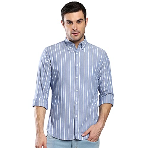 Image of Dennis Lingo Men's Striped Slim Fit Oxford Cotton Casual Shirt with Button Down Collar & Full Sleeves