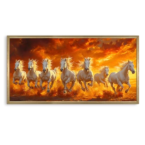 Image of PAPER PLANE DESIGN Seven Running Horses HD Canvas Print Wall Art - Premium Vastu Golden Box Frame With Acrylic - Elegant Home & Office Decor - Size: 2 x 4 Feet. (E)