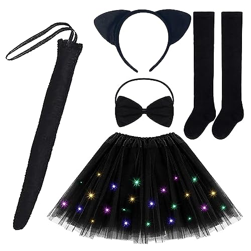 EKKONG Costume da Gatto Bambina, 5Pcs Accessori per Costumi da Gatto Nero Kit con tutu Gonna, Orecchie da Gatto, Coda di Gatto, Cravatta a Fiocco, per Ragazze per Cosplay Carnevale Halloween Festa