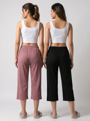 Image of Fflirtygo Women's Cotton Plain Calf Length Capri | Nightwear Short Pyjama | 3 /4th Solid Pyjama Pant | Regular Fit Casual & Lounge Wear Capri Combo (Pack of 2)