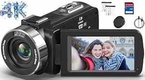 Videokamera 4K Camcorder HD 80MP 30FPS mit IR Nachtsicht, 18X Digitalzoom Webcam Videokamera, 3, -Zoll 270° Drehung Ausgestattet IPS Screen Vlogging Kamera für YouTube mit 2 Akkus, 32GB SD Karte