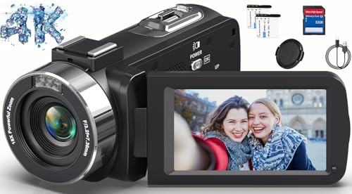 Videokamera 4K Camcorder HD 80MP 30FPS mit IR Nachtsicht, 18X Digitalzoom Webcam Videokamera, 3,0-Zoll 270° Drehung Ausgestattet...