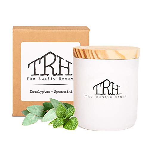 Soy Wax Candle, Long-Burning Fragrant Candles in Glass Container with Wood Lid, Hand-Poured Natural Soy Blend, No Additives, No Dye â€“ The Rustic House (Eucalyptus + Spearmint), (Gift Wrap Available)