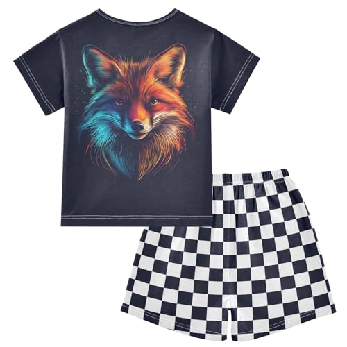 Checkerboard Plaid Neon Fox Black Pajama Set Short Sleeve Sleepwear Soft Pajamas Shorts Sets Cotton PJS 5Y2