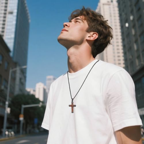 Wooden Cross Necklace for Men - Wood Inset in Stainless Steel Crucifix Pendant, Black or Silver Necklace as a Religious Gift for Birthdays, Weddings and Christmas2