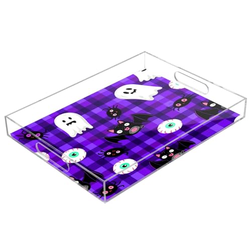 BOESI Cute Ghost and Halloween Bat Acrylic Decorative Dining Tray, Acrylic Decorative Tray Organizer with Handle for Kitchen, Dining Room, Bathroom, Dresser