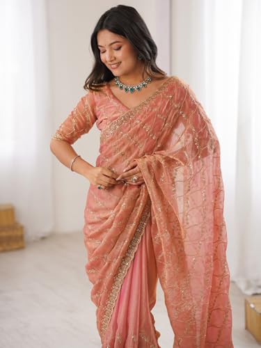 Image of AKHILAM Women's Shimmer Chiffon Heavy Sequence Embroidery Work Saree With Unstitched Blouse Piece (VT798A VM Parent)