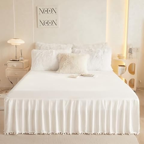 Pom Pom Velvet Bed Skirt, 22 Inch Drop Dust Ruffle Bed Skirt Soft Cozy Wrap Around Fitted Sheet, Fitted Bed Sheet with Skirt, Bedding Decor Fringe Bedspread (Beige, Queen) Cover