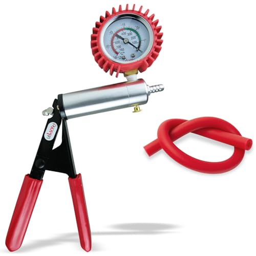 LeLuv Ultima Red Vacuum Pump - Aluminum Alloy Silver Handle Manual Hand Vacuum (0-30 Hg, 0-760 mmHg), Gauge Installed with Protective Rubber Cover, Silicone Padded Grips with Silicone Hose