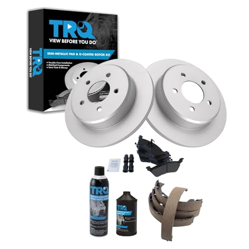 Image of TRQ Rear Brake Pad & Rotor Kit, with Chemical Kit Parking Brake Shoe Set Semi-Metallic Compatible with 2001-2007 Chrysler Town & Country Dodge Caravan Grand Caravan