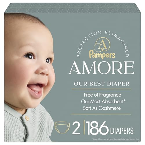 Pampers Amore, Size 2 (10-22 lbs), 186 Count, Our Best Diaper – Hypoallergenic & Fragrance Free, Up to 100% Leakproof, Soft as Cashmere