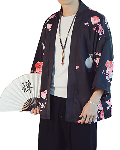 Image of PRIJOUHE Men's Lightweight Kimono Jacket Seven Sleeve Open Front Cardigan Coat Japanese Style Bathrobe