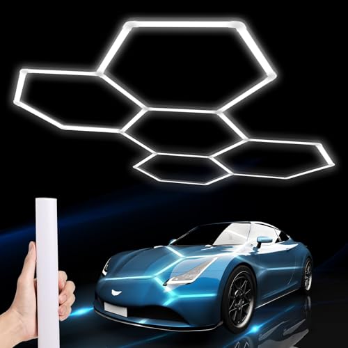 Lámpara de techo LED hexagonal para garaje 25pcs luces de tubo, 192W 1.7x2.4m luces LED de techo conectables para taller, garaje, almacén, gimnasio,sala de lavado para el cuidado del automóvil (5 Hex)
