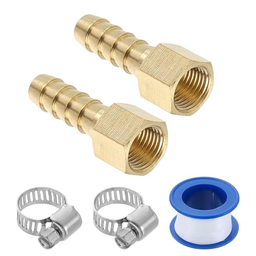 Image of sourcing map 2Pcs Brass Hose Barb Fittings, 1/4" Barb x 1/8" NPT Female Hose Connector with Hose Clamps for Water Fuel Gas Oil Transportation