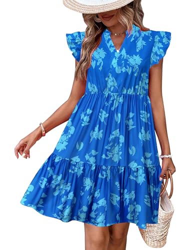 Image of HOTOUCH Women Printed Dress for Summer Short Ruffle Sleeve Dress Tiered Mini Dress with Pockets